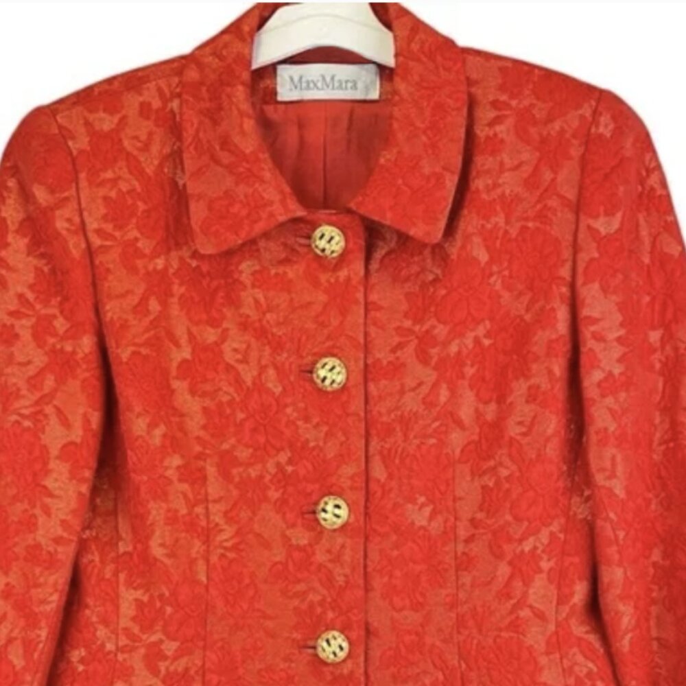 VTG MAXMARA Brocade Wool Blend Blazer Gold Shimmer Reddish Orange Textured Sz M - Picture 3 of 12